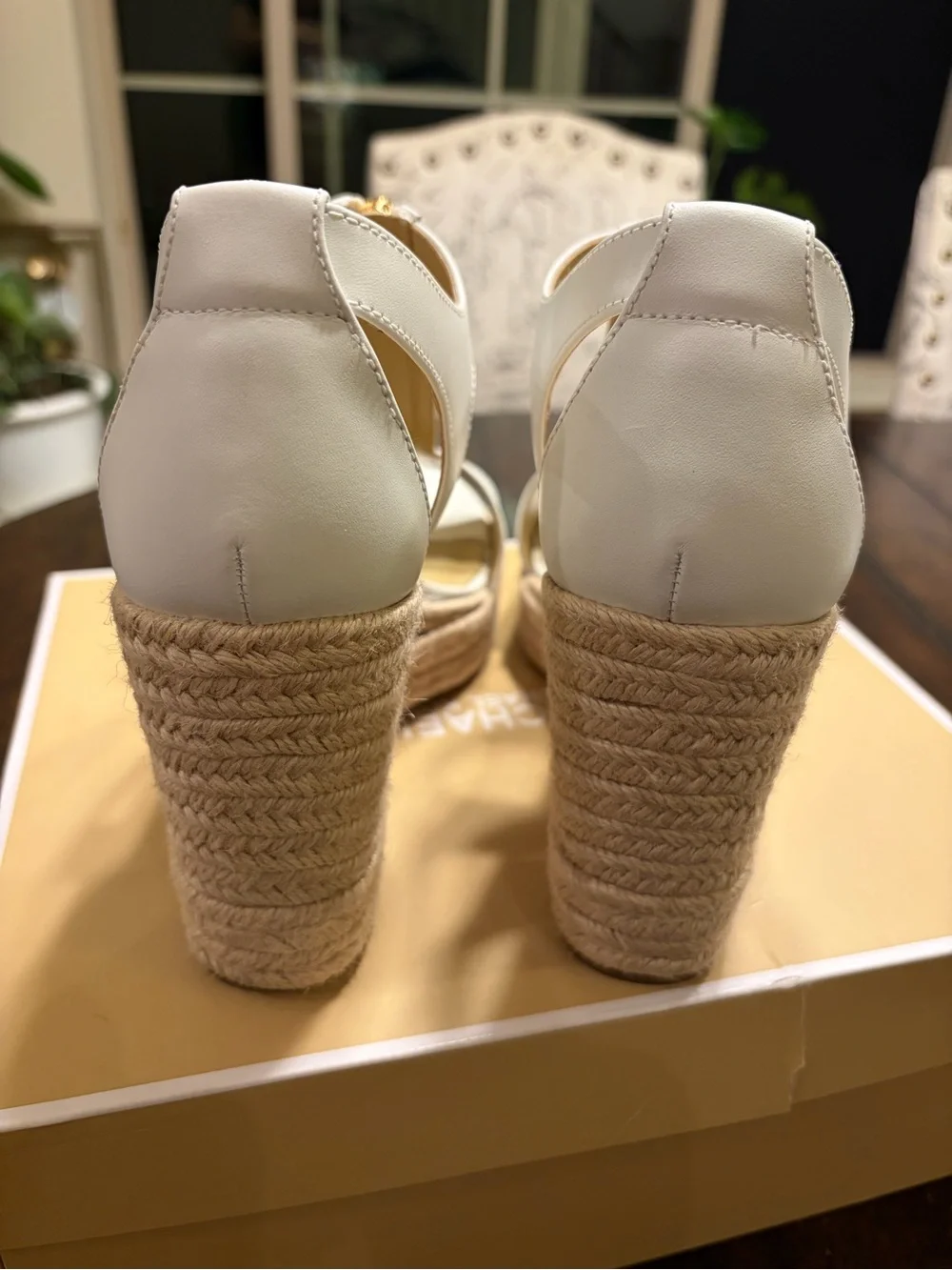 Michael Kors White Leather T-Strap Wedge Sandals with Gold Zip